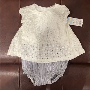 Eyelet and pinstripe romper